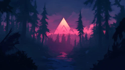 Triangular Structure Silhouetted Against Neon Pink Sky