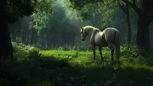 Solitary light-colored horse standing in shaded forest clearing.