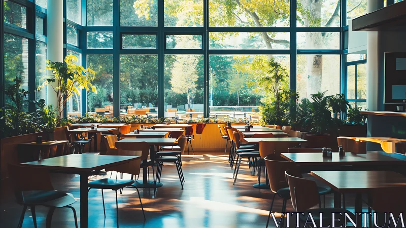 Sunlit modern caf&eacute; interior with panoramic garden windows