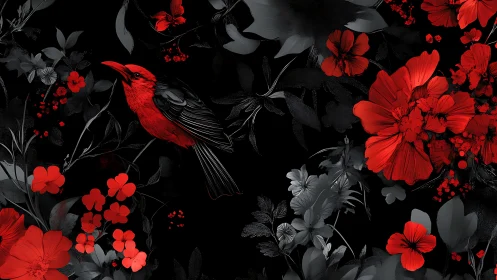 Scarlet songbird amid monochrome florals in high-contrast digital art