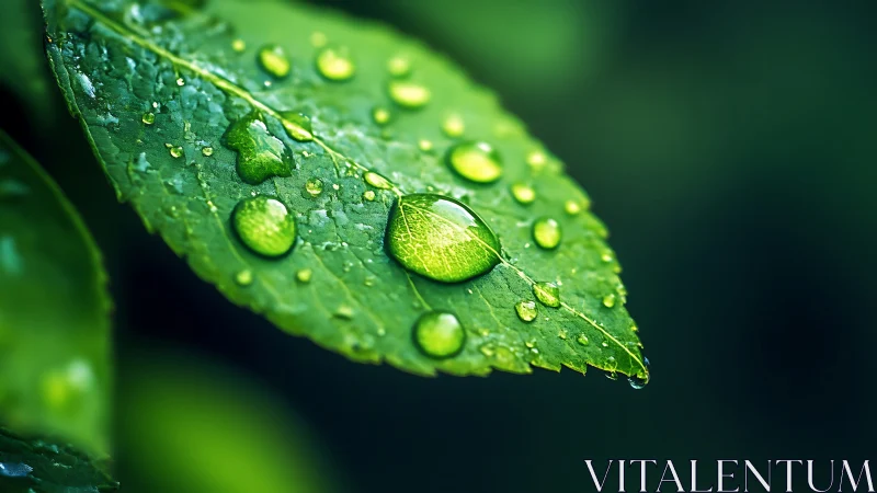 Close-up macro view of green leaf surface with water drops.