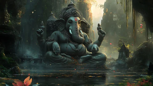 Colossal Ganesha stone statue in misty jungle river shrine