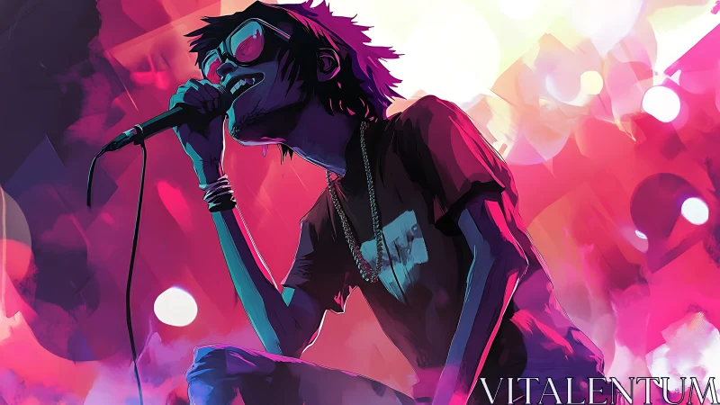 Digital illustration of singer on stage with vivid lighting.