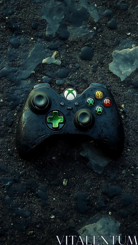 Gamer's Controller Rests on Textured Dark Stone Ground