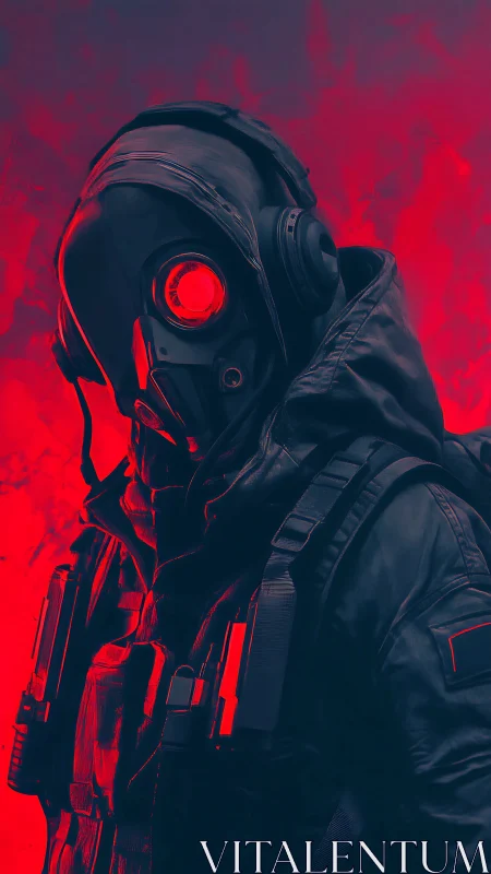 Tactical gasmask operative in neon red monochrome lighting.