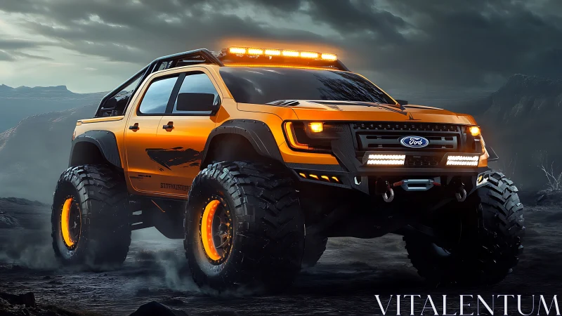 Bold orange off-road truck glowing against stormy skies.