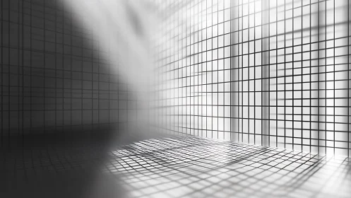 Light streams through abstract grid walls in monochrome space