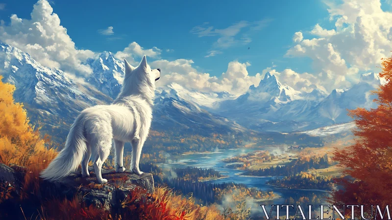 White wolf overlooking vast autumn valley and snow peaks.
