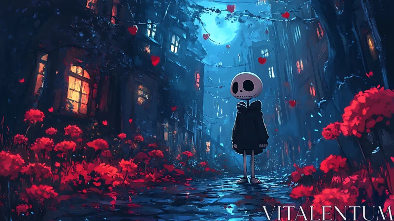 Lonely skeleton child in blue night street of red flowers.