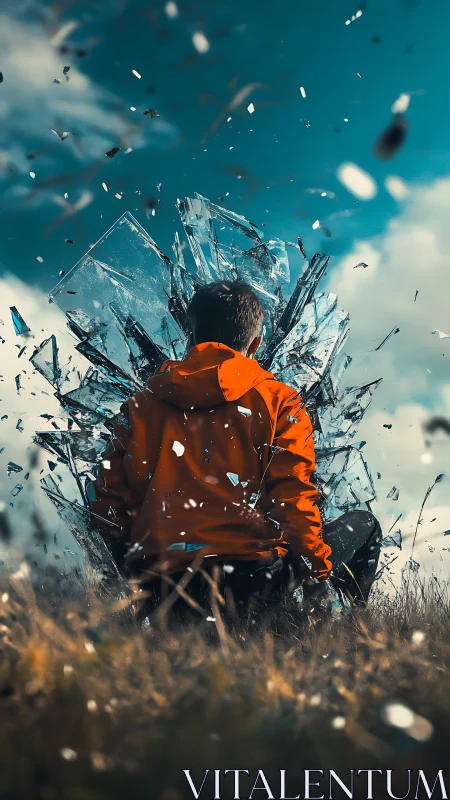 Solitary figure shatters glass portal under dramatic sky