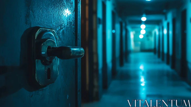 Steel door handle dominates moody blue corridor scene.
