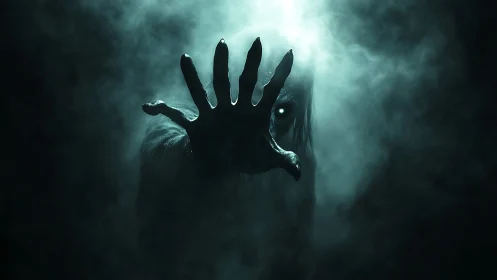 Shadowed humanoid figure with outstretched clawed hand in fog.
