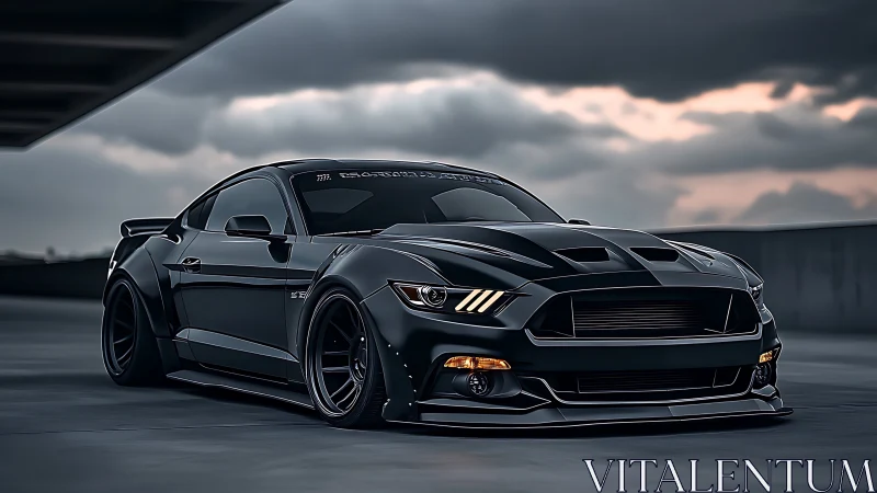 Widebody black muscle coupe under storm-loaded evening sky.