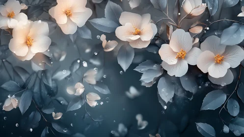 Pale Blossoms with Golden Stamens Among Slate Foliage.