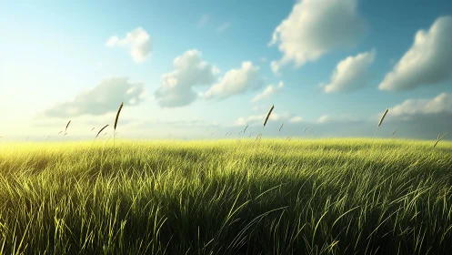 Sunlit grassland horizon under drifting summer clouds.