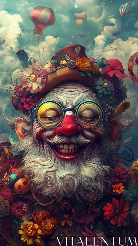 Smiling clown drifts through whimsical sky of flowers and balloons