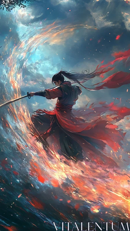 Sword fighter in swirling elemental firestorm sky scene.