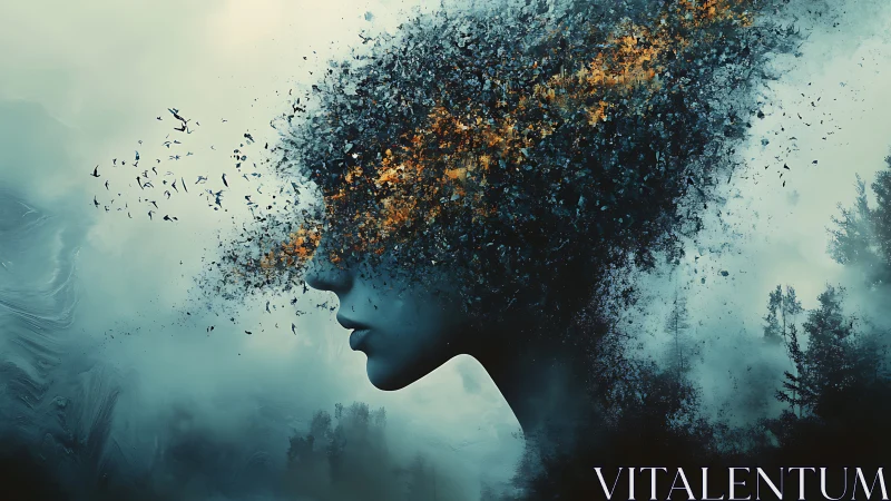 Fragmented female profile dissolves into particle storm and birds