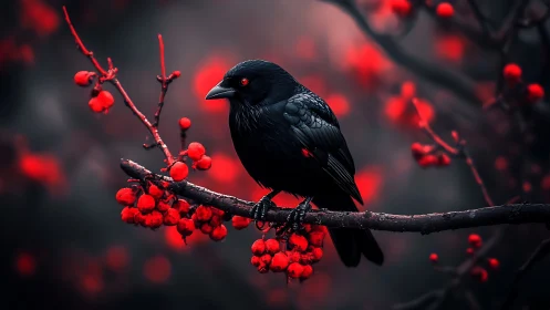 Black crow on red berry branch in dramatic dark scene.