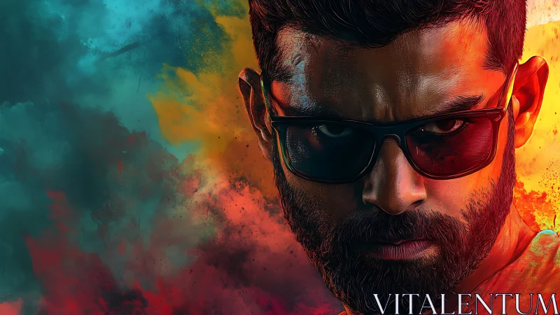 Intense bearded man in sunglasses against vivid color clouds