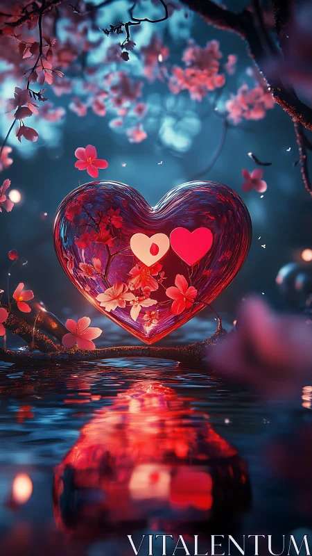 Heart-shaped transparent container with red flowers in blue environment.