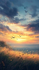 Sunset sky over hillside field with flock of birds in flight.