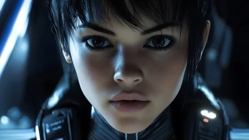 Young star pilot gazes ahead in calm futuristic glow.