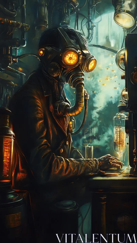 Steampunk gas-mask operator in retro-futurist laboratory interior