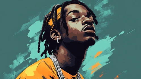 Bold hip-hop portrait in teal and orange vector style.