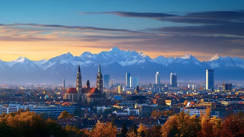 Sunrise city skyline nestled beneath glowing alpine peaks.