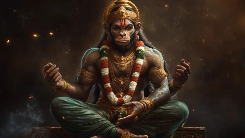 Divine monkey warrior in meditative gold-lit stillness.