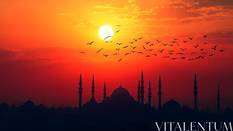 Sunset illuminates mosque silhouettes and distant bird flock
