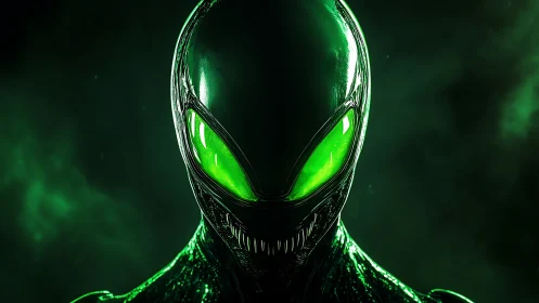 Brooding green alien gazes forward with eerie glowing eyes