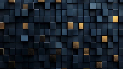 Dark geometric grid with scattered metallic gold cubes.