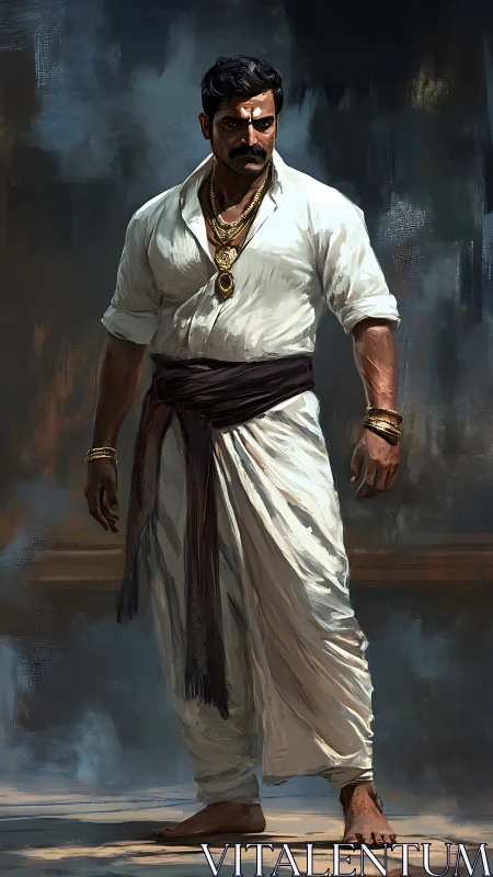 Barefoot storm strides forward in white and worn gold