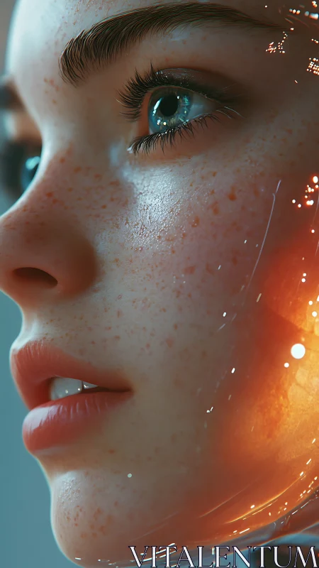 Cybernetic close-up of freckled visage with luminal overlays.