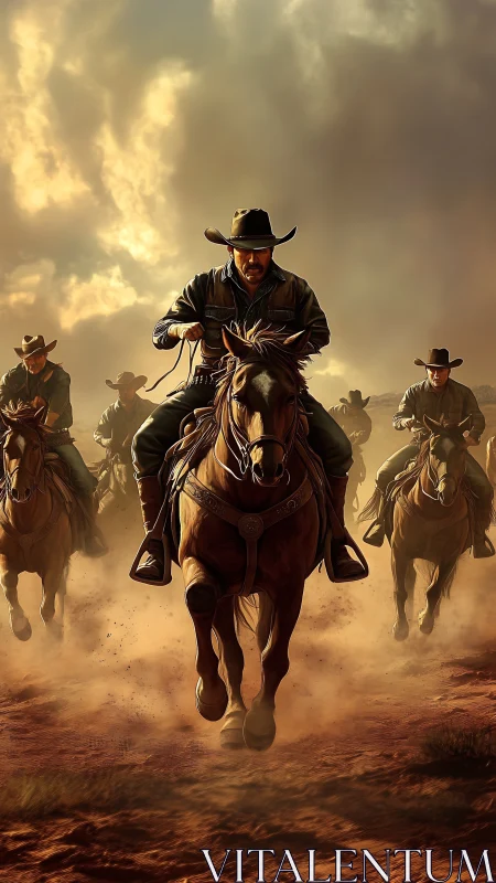 Cowboy riders charge through dust under stormlit sky.
