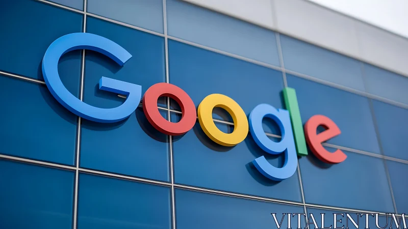 Colorful Google logo signage on modern glass facade.