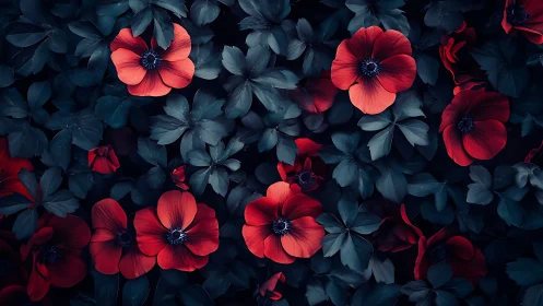 Red Flowers Against Dark Foliage