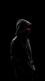 Hooded figure silhouette with red eye on black background.