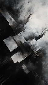 Abstract monochrome city blocks in drifting smoke.