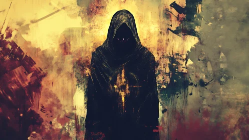 Hooded wraith silhouette framed by grunge infernal textures.
