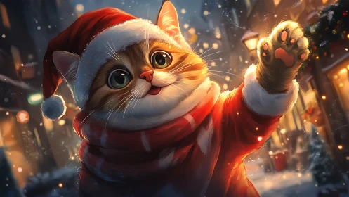 Festive close-up of a Santa cat in dynamic winter lighting