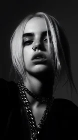 Monochrome close-up portrait of young person with chains.