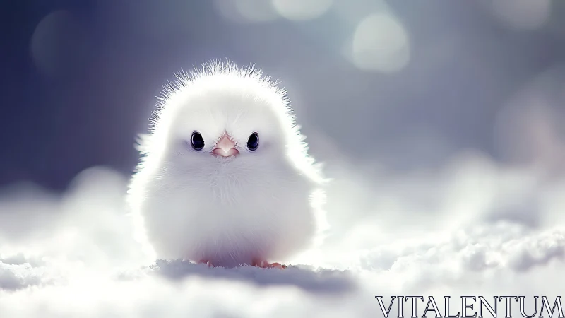 Fluffy White Bird Chick Nestled in Snow