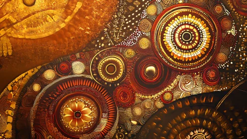 Circular abstract pattern in warm metallic tones on canvas.
