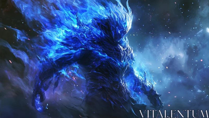 Elemental blue fire warrior emerges in cosmic storm.