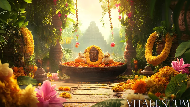 Temple courtyard shrine with garlands and central statue.