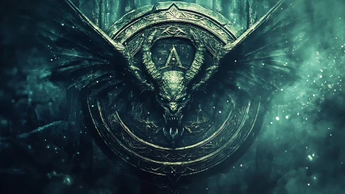 Winged demonic crest with corroded metallic relief and radial halo