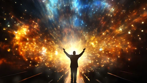 Stargazing dreamer stands open-armed in a cosmic sunrise glow